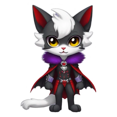 Anthro-Cute-Edgy-Cool-Vampiric-Batty-Cat-Black-Purple-Red-Grey-White-Yellow-Contrast-Colors-Fantasy-Fur-Sona-Chibi-Shiny-Fakémon-Hybrid with horns and fangs and collar full body sticker