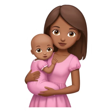 Brown girl with brown hair holding a bald brown baby wearing a pink dress sticker