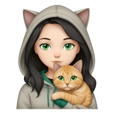 White girl blue eyes black balayage long hair beige hoodie cuddling a british shorthair golden cat with green eyes sticker