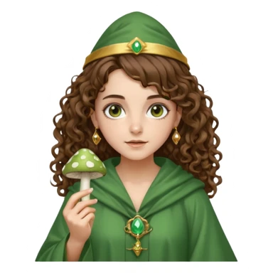 very beautiful italian girl, looking like Emma Watson, with curly and big volume very bright brown hair, and a golden piercing ring in nose on left side, dressed in a beautiful wizard robe of green colors, holding fly mushroom sticker
