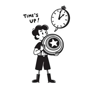 Captain America holding a clock, saying 'Time's Up!' in a hand-drawn doodle style sticker