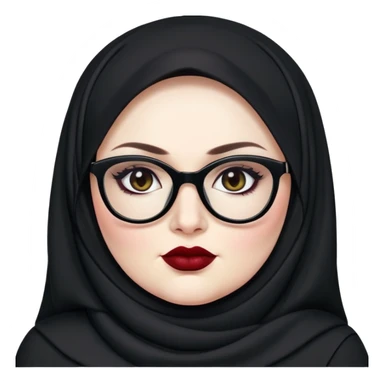 big plus size, pale skin, black hijab, baddie,pretty, makeup, dark red lipgloss, black eyeliner, long hair, black shirt, black glasses sticker