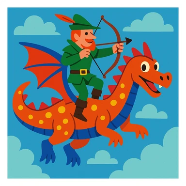 Robin Hood riding a dragon, playful and dynamic sticker