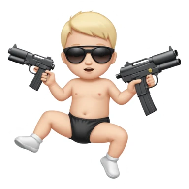 Baby in diaper with black sunglasses shooting machine guns in the air jumping left to right  sticker