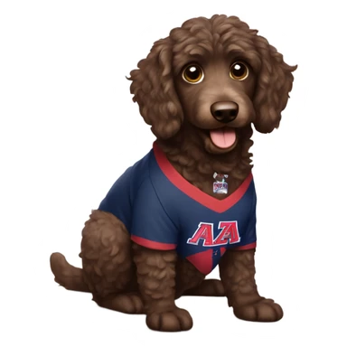 Chocolate Aussie doodle wearing a University of Arizona T-Shirt sticker