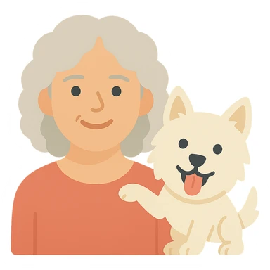 Make the Westie dog playful, with an energetic pose or playful expression, keep the 50-year-old lady with silver curly hair smiling sticker