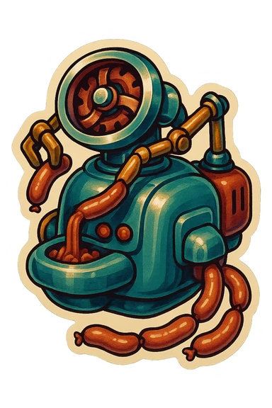 sausage-processing droid. retro-futuristic style. top is a large circular industrial grinder rotating gears and blades. Two robotic arms feed material into grinder. Sausage links extrude from the rear like  factory. The body is metallic, compact, and floats above the ground.no legs. Dark humor sticker