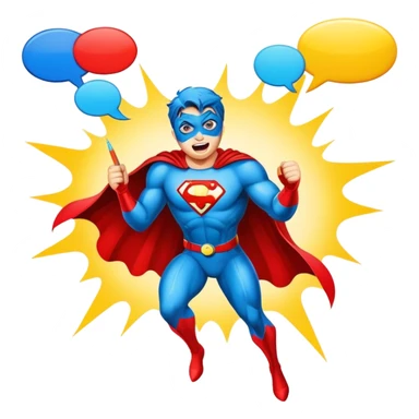 Create a vibrant and dynamic emoji representing comic books and graphic novels as an art form. The design should feature a comic book page with panels and speech bubbles, showcasing bold lines and vibrant colors. Include elements like a pencil or pen, as well as a superhero icon or an action scene to symbolize storytelling through visuals. Use bright, energetic colors like red, blue, and yellow to convey excitement and creativity. The overall design should feel playful, creative, and artistic. Make the background transparent. sticker