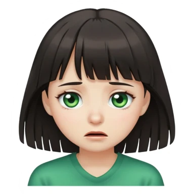 Girl with wispy bangs, dark hair, white skin and green eyes, crying sticker