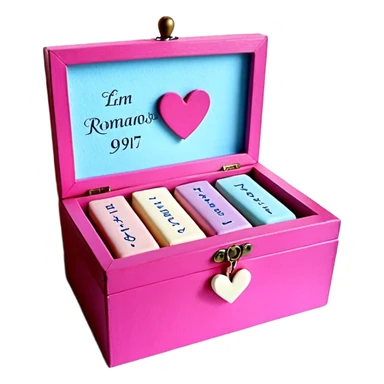 Una cajita rosa pastel con detalles fucsia, un recuadro crema con letras fucsias (Declaraciones de Fe – Exitosas con Dios – Romanos 4:17), corazones decorativos con palabras y un corazón azul con el número 99 arriba. sticker