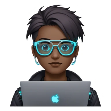 An emoji of a person with a laptop, but wearing cyberpunk glasses and with a slight neon glow sticker