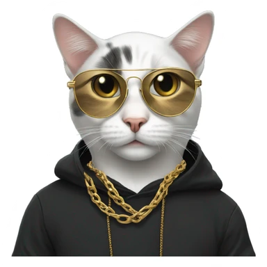 Create a cat wearing a black hoodie, with aviator glasses and a gold chain  sticker