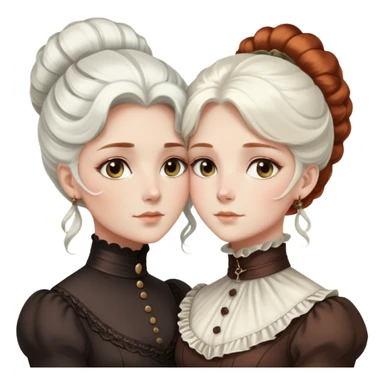 Two Victorian women with light eyes hugging closely, one with elegant white coiffed hair and one with dark copper coiffed hair, both wearing high-necked Victorian turtleneck dresses sticker