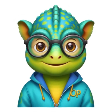 un camaleon de emoji y tierno con colores brillantes no tan verde  con unos lentes puestos, y ropa de bad boy donde tiene escrito "DOPI" y muy sonriente sticker