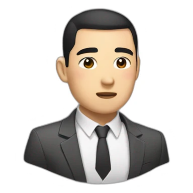 Asian, thick eyebrows, Buzz cut, emotionless, suit sticker