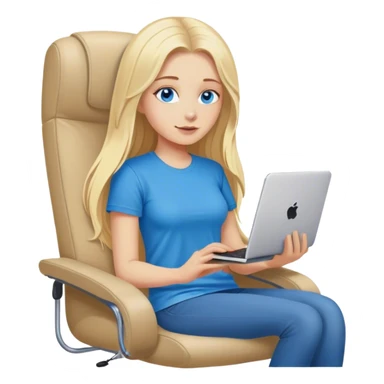 Cinematic realistic blonde with long hair, blue eyes, dressed in a T-shirt, sits in an easy chair with a computer on her lap, in a cozy atmosphere sticker