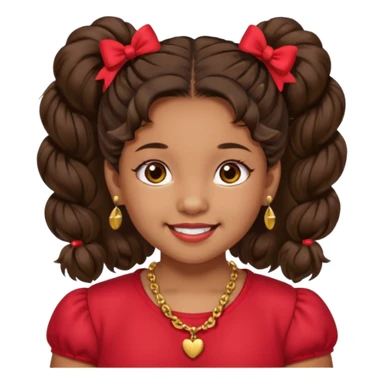 Brownskin girl dark brown hair fluffy. pigtails with red bows brown eyes smiling closed mouth red shirt gold esrrings gold necklace sticker