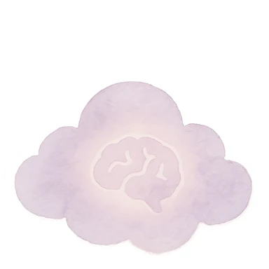 small ethereal dreamcore emoji of a soft pastel lavender cloud with subtle luminous internal glow, faint glowing brain outline inside, soft contemplative slightly enigmatic feel, watercolor texture sticker
