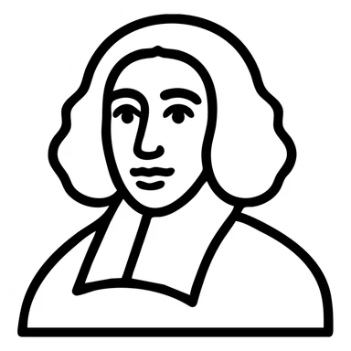 Adjust the size and alignment of Spinoza's pupils in the black outline icon so they look even and natural, maintaining the detailed, hand-drawn style with long curly hair and a 17th-century collar. Keep the transparent background. sticker
