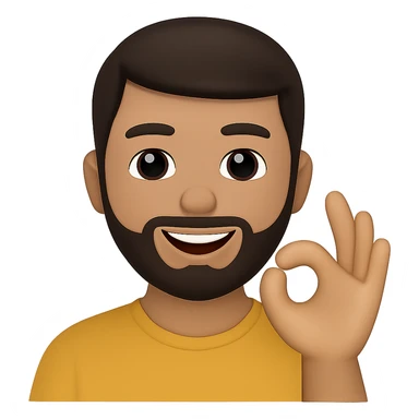 Edit the image to depict a smiling man showing the 'okey' gesture in the style of apple emojis with normalized, natural-looking fingers. Keep the apple emoji style but enhance finger naturalness and normalization. sticker