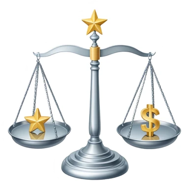 A balanced scale with dollar bills on the left side and three stars on the right side sticker