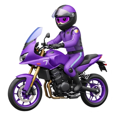 Créer un emoji avec une moto mt07 sport noir mate / violet iridescent très foncé, pare-brise de la moto violet. Avec une pilote dessus visière violet sombre visage caché . Avec fond arrière violet en arrière plan. sticker