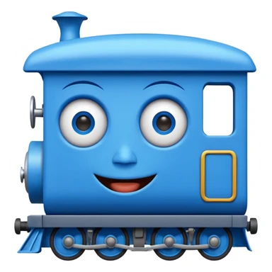 An square blue train with a human face at the front sticker