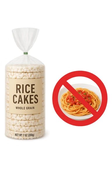 confezione di gallette di riso con accanto un piatto di pasta con divieto sopra, in italiano,  realistici sticker