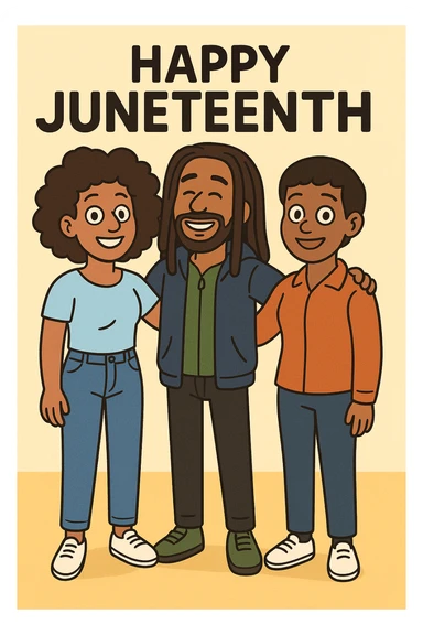 A woman Kinky hair light blue shirt blue jeans white shoes boy Dreadlocks dark brown hair green shuts navy blue zip up hoodie black jeans green shoes Bob Marley Vanessa Nakate Mae Jemison Happy JUNETEENTH sticker