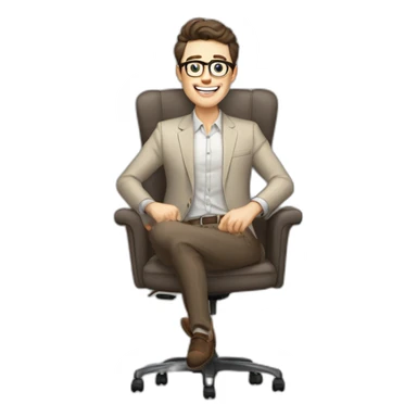 Joyful Celebrating victory Pale skinned Fit Man With dark brown hair in gray jacket, beige office shirt, Brown pants and vintage glasses sitting In a soft chair sticker