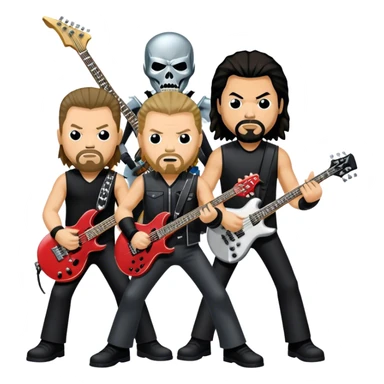 Icon for Metal Music: Metallica four band members detailed in their signature look. James Hetfield with guitar, Lars Ulrich on drums, Kirk Hammett with his electric guitar, and Robert Trujillo playing bass. Bold, energetic style, all in a heavy metal aesthetic. Transparent background. sticker