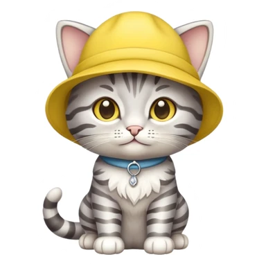 Silver tabby cat cub with yellow hat full body sticker