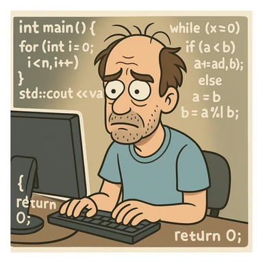 Terry A. Davis as a computer programmer, surrounded by code, cartoon style sticker