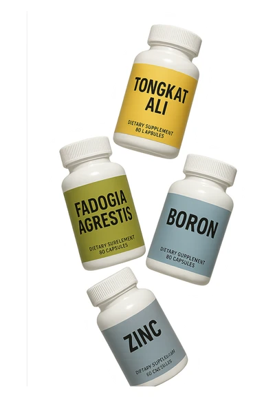 4 boccette di integratore: Tongkat Ali, Fadogia Agrestis, Boron e Zinco fluttuano in aria verticalmente sticker