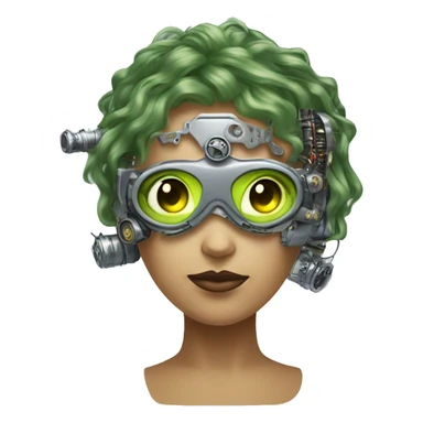 Olive green hair female cyborg head with silver steampunk goggles, goatee and circuits sticker