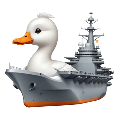 A gray military aircraft carrier with a white goose head and orange beak at the front of the ship sticker