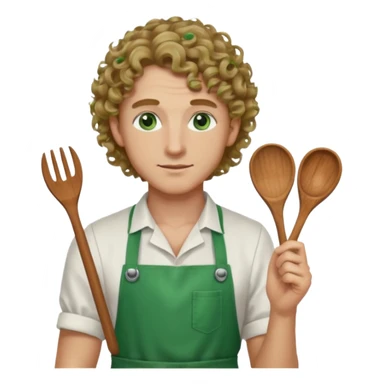Male, fair complexion, green eyes, shoulder length dark blonde curly hair, bar slinger sticker