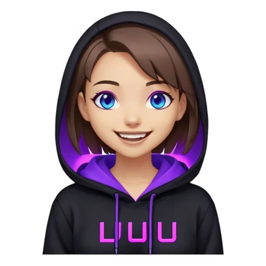 brown haired girl with a bob and blue eyes wearing black hoody with violet letters "Lu", laughs. Cyberpunk style. Violet neon. sticker