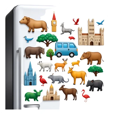 Icon for Magnet Collecting: a close-up of a fridge door covered with a variety of magnets, featuring cities, animals, symbols. The icon should highlight the diversity and charm of magnet collections. Transparent background. sticker