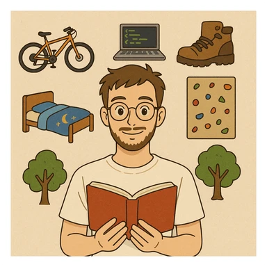 ghibli style young man with light skin, short brown hair, neatly trimmed beard, round gold-rimmed glasses, smiling, plain white t-shirt, holding open red book at chest level, surrounded by hobby icons: orange mountain bike, gray laptop with code, brown hiking boot, climbing wall, bed with blue blanket and moon-and-stars, green tree sticker