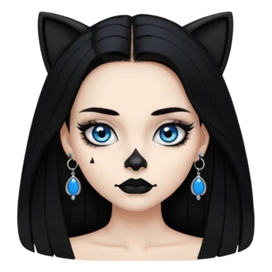 A girl with long black hair and blue eyes, black eyeshadow, black cat eye liner, mascara, and black lipstick,and black skull earrings. Also a black sexy dress   sticker