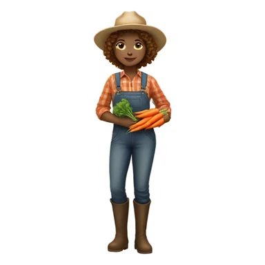full body farmer girl standing, LIGHT skin, brown curly hair, holding carrots sticker