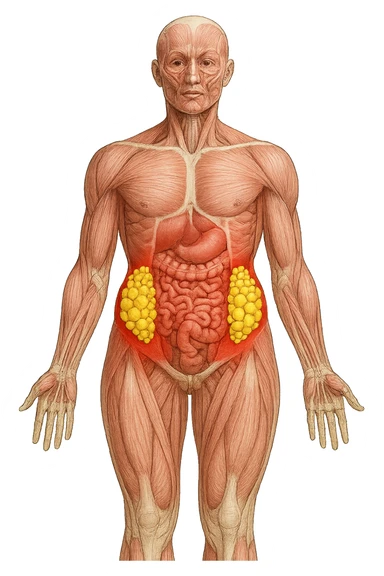corpo umano anatomico con addome e fianchi segnati in rosso, grappoli di cellule adipose gialle su fianchi e addome sticker