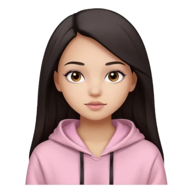 A pretty girl with light skin and long straight black brown hair, wearing a very light pink basic hoodie with brown eyes and makeup and a round face sticker