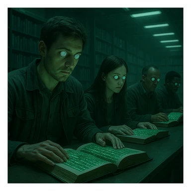 people sitting in a futuristic library with hypnotized eyes and absent gaze, studying books with digital covers and Matrix symbols, surreal atmosphere, green and cold lights, realistic details, 4K quality sticker
