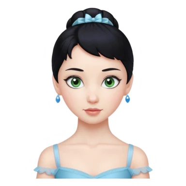 Cinematic Realistic ballerina Medium Blue Portrait, depicted with lifelike skin texture, subtle rosy undertones, and soft natural lighting that enhances the gentle contours of her face. Her intricately detailed sweet black hair is elegantly styled, green eyes sticker