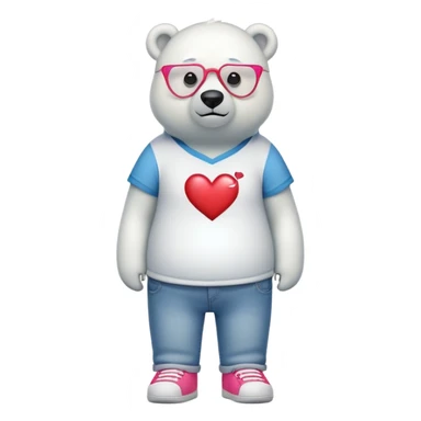 friendly anthropomorphised polar bear standing upright, looking chilled and unbothered, wearing a shirt, jeans, trainers, heart-shaped colorful glasses sticker