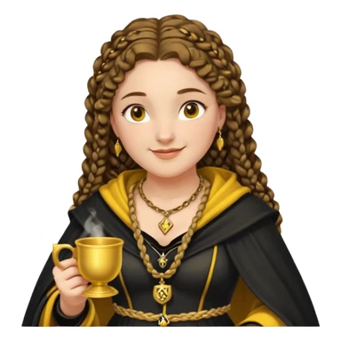 Helga Hufflepuff, 2 curly thick brown braids, yellow-black medieval dress, black cloak decorated with gold braiding, tiny two-handled shiny yellow-gold cup, very kind smile, curvy busty sweet woman, thick rosy cheeks sticker