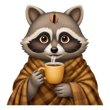Female raccoon drinking coffee with blanket around her sticker