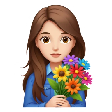 Cool girl with long brown hair holding a bouquet of flowers sticker